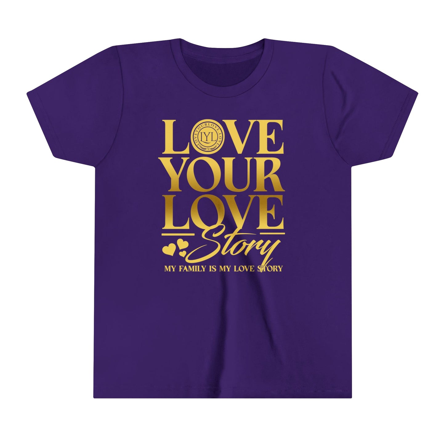 Love Your Love Story Youth Purple Gold Letter Tee
