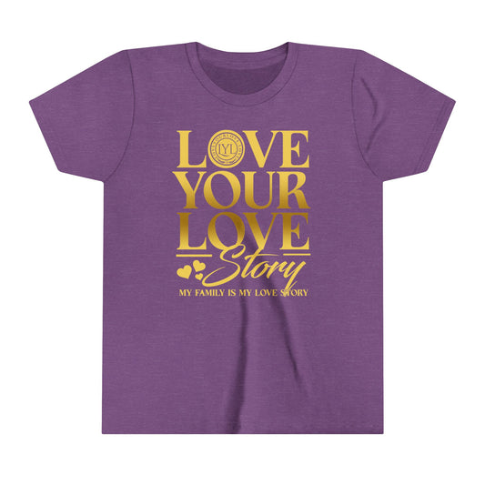 Love Your Love Story Youth Purple Gold Letter Tee