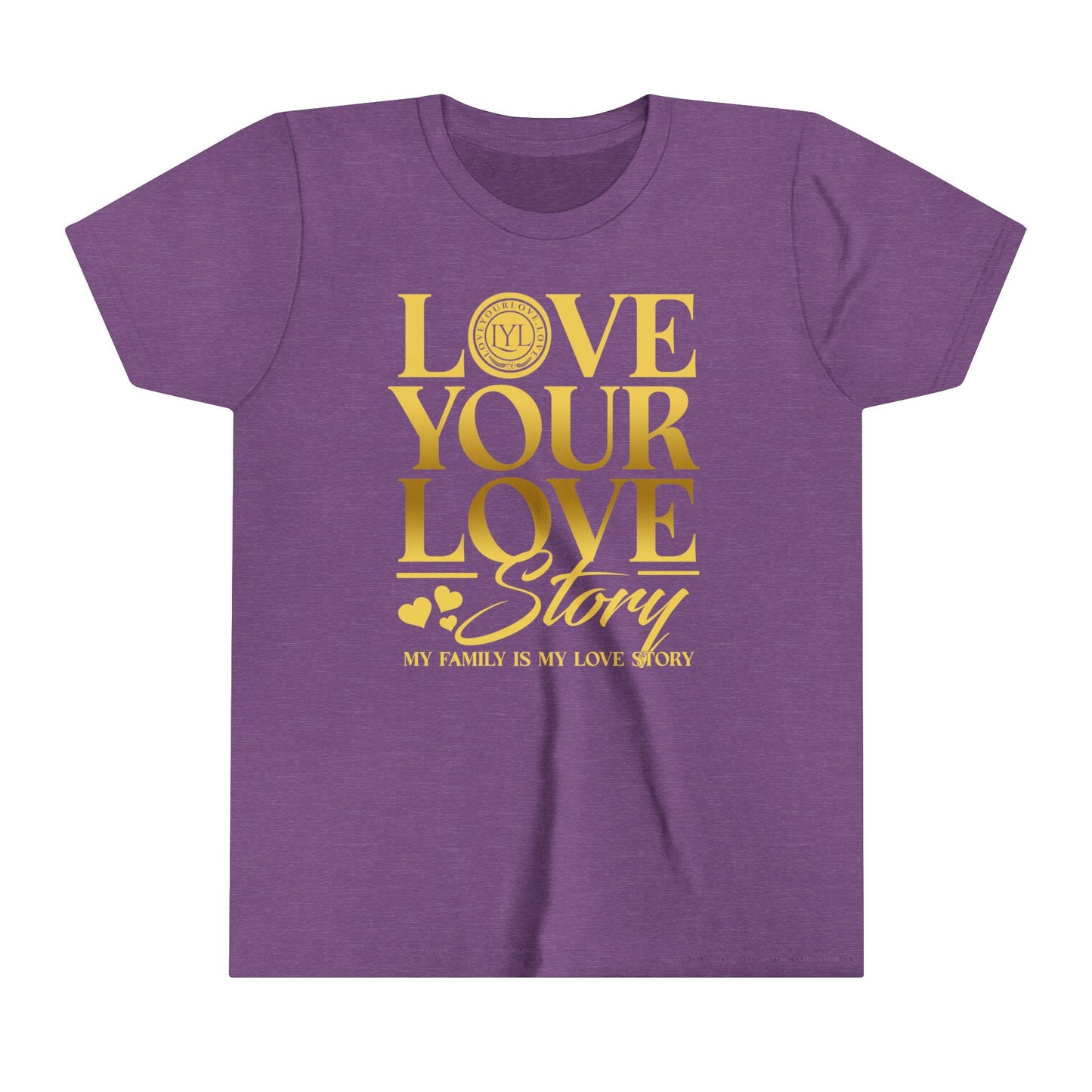 Love Your Love Story Youth Purple Gold Letter Tee